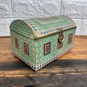 Vintage Tin Jewelry Box • Green & Gold • 6x4x4 in • Working Lock Clasp